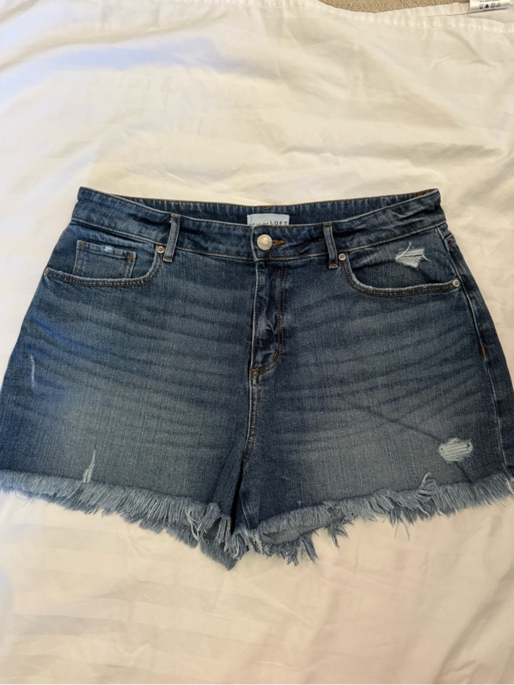 LOFT Distressed Medium Blue Denim Frayed-Hem Shorts